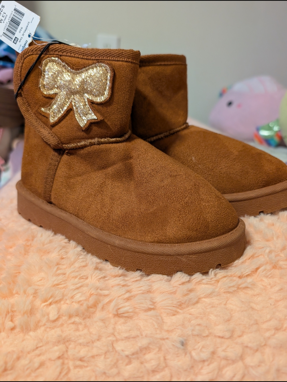 Falls Creek Girls' Chestnut Suede Boot with Sparkling Gold Bow